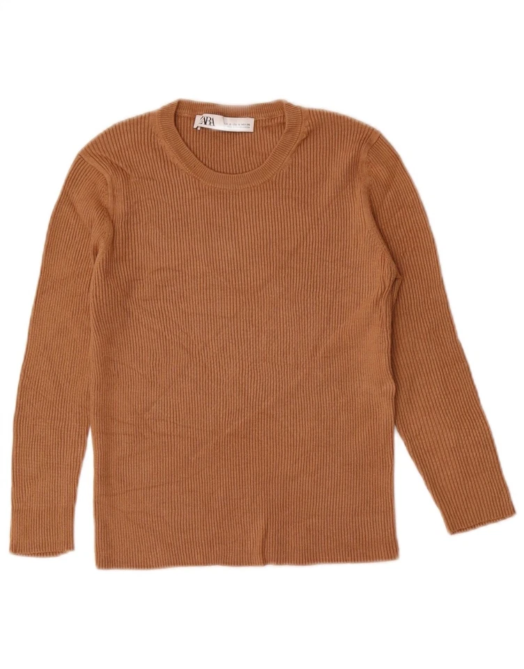 ZARA Womens 3/4 Sleeve Crop Crew Neck Jumper Sweater UK 8 Small Brown DG04 - Image 1 of 3