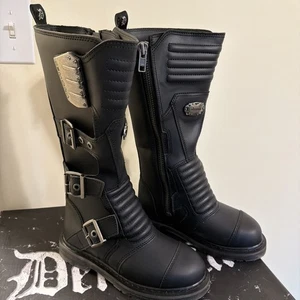 Gr. 6 M - Demonia Bolt-405 schwarze kniehohe Kampfstiefel aus veganem Leder neu im Karton - Bild 1 von 13