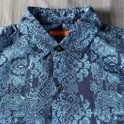 Camisa Tori Richard Para Hombres Mediana Azul Algodón Césped Aloha Paisley Hecha Hawaii EE. UU. Foto 1 de 4