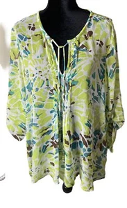 Túnica transparente grande Susan Graver para mujer verde marrón geométrica cuello en V PEQUEÑO DEFECTO - Imagen 1 de 10