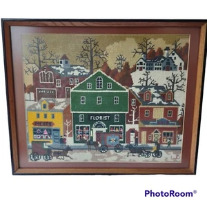 Vintage 1984 Main Street Store Front Needlepoint Framed Completed Art Picture - Picture 1 of 11