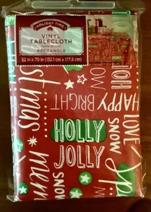 Christmas Vinyl Tablecloth Rectangle 52” X 70” Red Green White Holly Jolly NEW - Picture 1 of 3