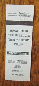FRATERNAL MATCHBOOK COVER: ROYAL CANADIAN LEGION (THE PAS, MANITOBA) -G9 - Picture 1 of 1