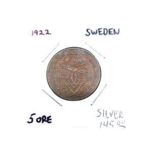 Sweden 1922 5 Ore Bronze Coin - Picture 1 of 4