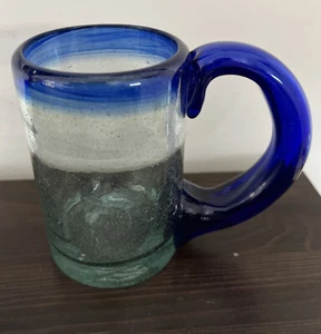 Handgefertigter mexikanischer mundgeblasener Bubble Glas Bier Stein Becher kobaltblau applizierter Griff 5" - Bild 1 von 8