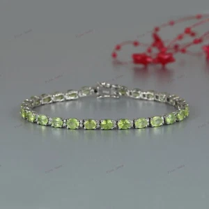 Peridot Tennis Bracelet 925 Solid Silver August Birthstone Bracelet Gift for Her - Picture 1 of 9
