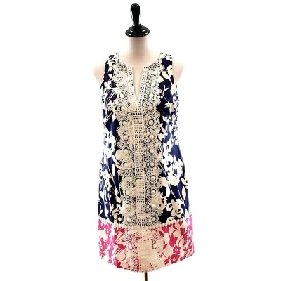 Eliza J Cotton Sheath Dress Size 6 Pink White Navy Floral Lace Trim - Image 1 of 4