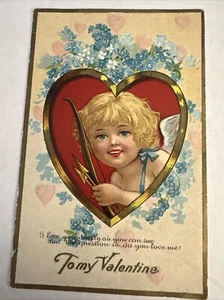 Embossed Valentines Day Postcard  Cupid Cherub Framed In A Heart Bow Arrow - Picture 1 of 2