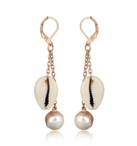 Cowrie Fancy And Pearl Rose Gold Brass Earrings Long Two Chain Earring For Women - Picture 1 of 4