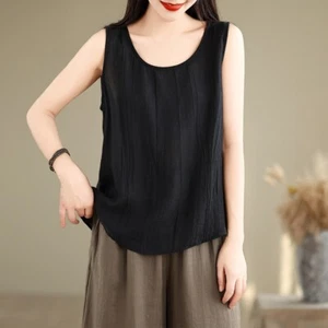 Women Solid Cotton Linen Vest Thin Tank Top Sleeveless Blouse Breathable Casual - Picture 1 of 26