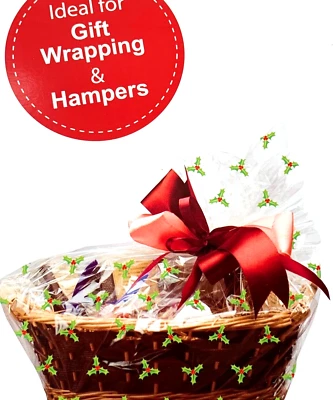 ANNIVERSARY HOUSE 6 x HAMPER BASKET Gift Cake CELLOPHANE BAGS With Ties CHRISTMAS HOLLY DESIGN