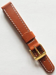 16mm - Tan / White Stitches Leather Watch Band - ( Gold Buckle ) - Picture 1 of 3