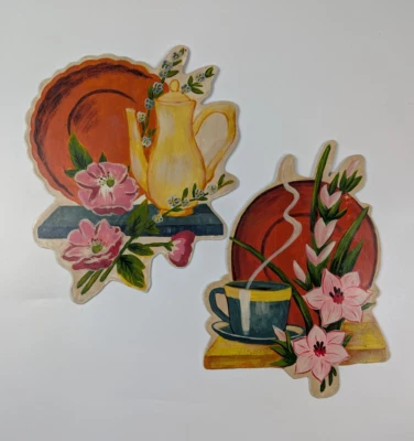 Juego de 2 pares de colgantes de pared florales y café de metal esmaltado pintado vintage Foto 1 de 4