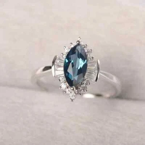 6ct Marquise Simulated Blue Topaz/CZ Engagement Band Ring 14k White Gold Plated - Picture 1 of 6