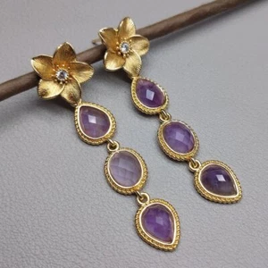 Natural Amethyst Drop Earrings Purple Semiprecious Stone Dangle Earring - Picture 1 of 8