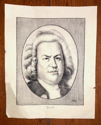 J R C 13.5" x 9.5" -BACH- GRAFITO SOBRE PAPEL CARTÓN FIRMADO Foto 1 de 4