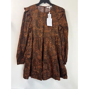WAYF Velma Women's XS Leopard Print Tiered Ruffle Long Sleeve Mini Dress NWT - Picture 1 of 14