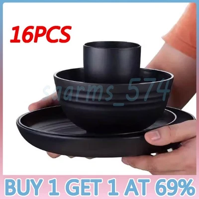 Black 16 Piece Dinnerware Set Kitchen Dining Set Mugs Bowls Plates UK - Image 1 of 4