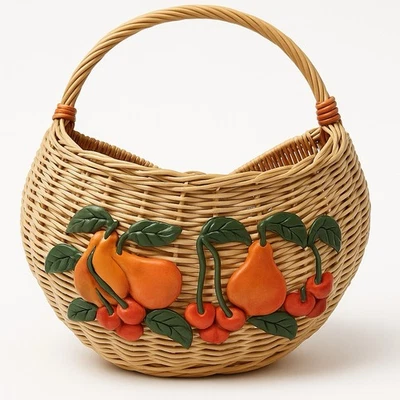 Vintage Wicker Wall Basket with Ceramic Fruit Appliqués Pear & Cherry Farmhouse - Image 1 of 4