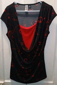 Top manga corta mujer L8ter talla 1X negro rojo oficina capucha cuello Y2K hecho en EE. UU. - Imagen 1 de 10