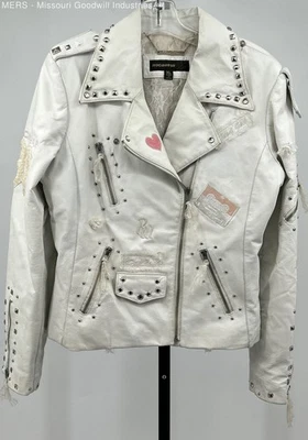 Chaqueta de motociclista Rocawear para mujer de cuero blanco con tachuelas XL Foto 1 de 4