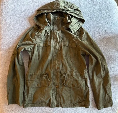 Jaqueta feminina Papaya capuz destacável 100% algodão cintura cinch botão de pressão médio - Imagem 1 de 4