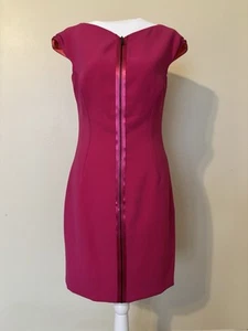 Elie Tahari Sheath Dress Womens Size 6 Hot Pink Orange Full Zip Front Cap Sleeve - Picture 1 of 21
