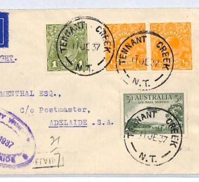 AUSTRALIA Air Mail Cover FIRST FLIGHT *TENNANT CREEK* NT Adelaide 1937 YL2 — 第 1/4 张图片
