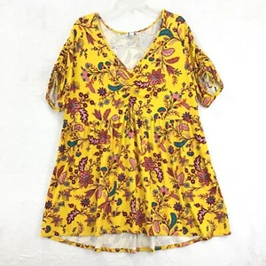 Boutique / Yellow Gold Floral Knit Ruched Babydoll Blouse Top / Plus Size 2X - Picture 1 of 12