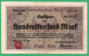 Germany Koln Banknotes 100000 Mark Paper Money 1923 Circulated 450327 - Picture 1 of 2