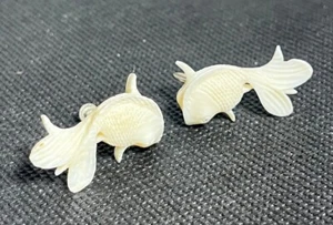 Vintage Carved Bone Koi Fish Earrings Sterling Silver Screw Back - Picture 1 of 6