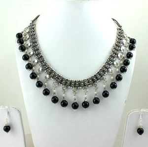 NECKLACE EARRINGS NATURAL BLACK ONYX GEMSTONE 10 MM ROUND BEADED 112 GRAMS - Picture 1 of 2