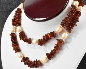 30" Sterling Silver 925 Genuine Amber Chip & Baroque Freshwater Pearl Necklace - Picture 1 of 18