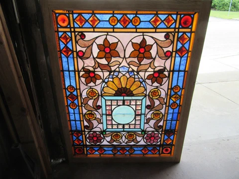 ~ EXTRAORDINARY ANTIQUE STAINED GLASS WINDOW WITH 75 JEWELS ~ 37 X 48 SALVAGE Cover