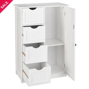 Freestanding Bathroo Cabinet Single Door Bathroom Floor Cabinet w/4 Dawers White - Picture 1 of 8