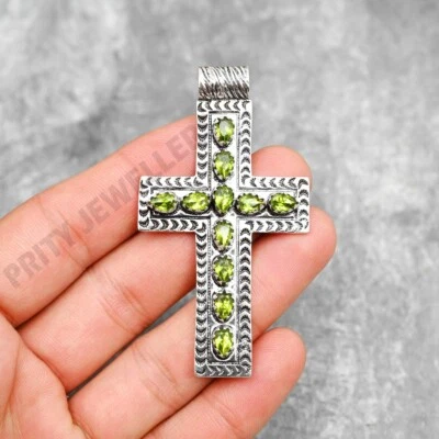 Peridot Cross Pendant 925 Sterling Silver Handmade Gemstone Jewelry 2.44" - Image 1 of 4