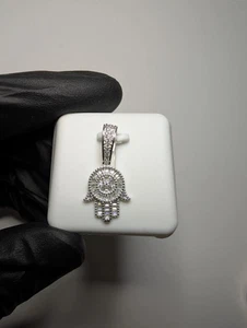 3.50 Ct Baguette Cut Simulated Diamond Iced Hamsa Pendant 14k White Gold Plated - Picture 1 of 6