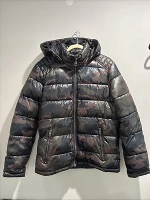 Guess Puffer Jacket Detachable Hooded Coat 119RN716 Camo Green Black Mens Sz M - Image 1 of 4