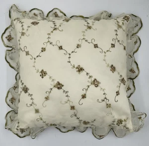 Cream Colored Flowers Floral Lace Trim Satin Back Throw Accent Pillow - Picture 1 of 4