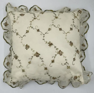 Cream Colored Flowers Floral Lace Trim Satin Back Throw Accent Pillow - Image 1 of 4