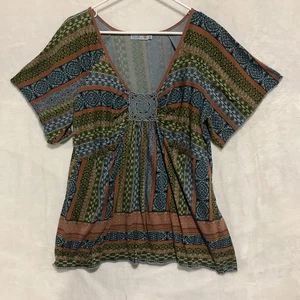 Unity World Wear Tunic Top Women 2X Multicolor Crochet Trim Boho Hippie Peasant - Picture 1 of 8