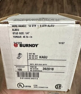 Box Of Qty100 Burndy KA6U Dual Rated Aluminum Mechanical One Hole Lugs #6-14 AWG - Picture 1 of 9