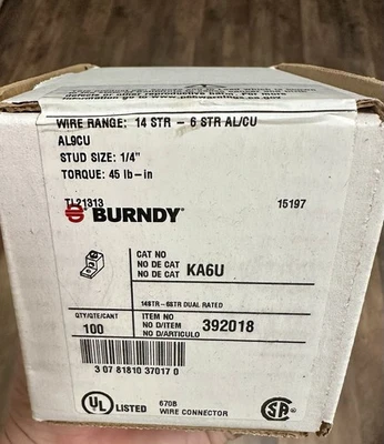 Box Of Qty100 Burndy KA6U Dual Rated Aluminum Mechanical One Hole Lugs #6-14 AWG - Image 1 of 4