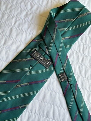 Vintage 70’s Gucci Dark Green Blue & Red Belt & Buckle Print Silk Neck Tie - Image 1 of 4