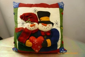 EUC MR & MRS SNOWMAN Christmas THROW PILLOW 3D Felt APPLIQUED Embroidered 16X16 - Picture 1 of 6