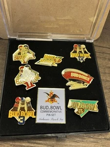 Vintage Bud Bowl Commemorative Pin Set 1-8 w/Case Budweiser Super Bowl Free Ship - Picture 1 of 2