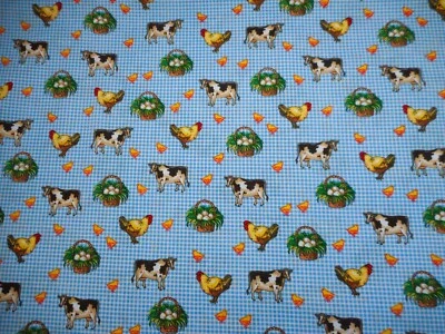 Quilt Fabric By Yard Cows Chicken Eggs Chick on Blue White Check Cotton Nov Vtg - Image 1 of 2