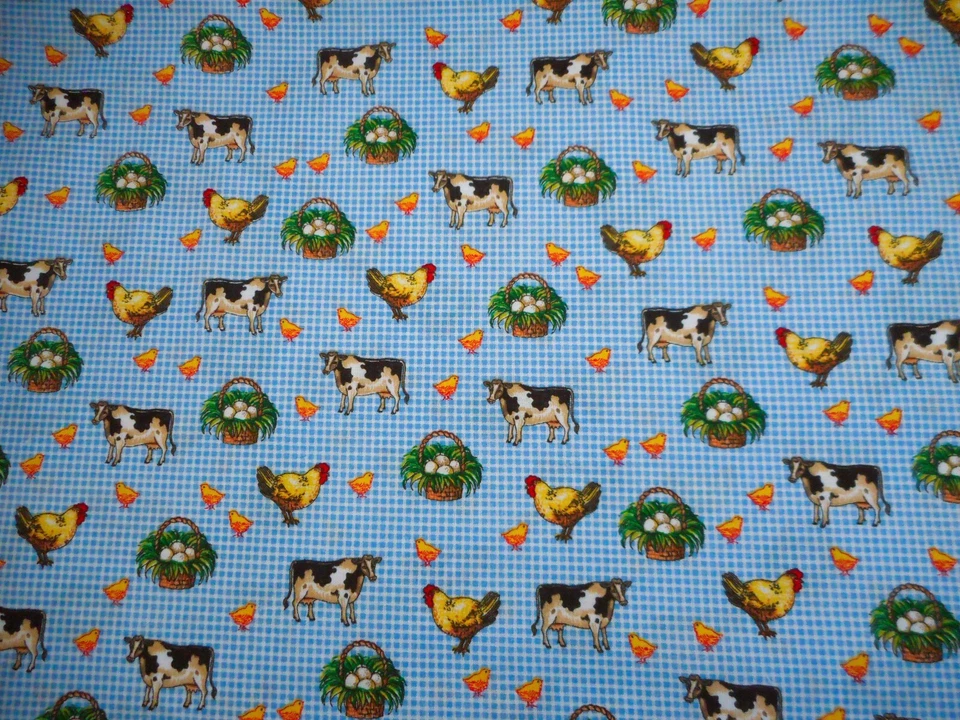 Quilt Fabric By Yard Cows Chicken Eggs Chick on Blue White Check Cotton Nov Vtg - Image 1 of 2