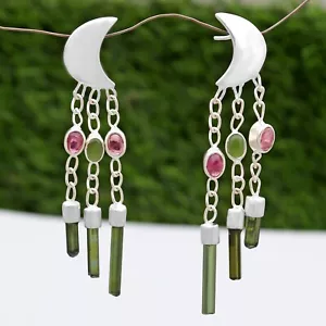 Vintage Boho Natural Multicolor Tourmaline Silver Antique Jewelry Dangle Earring - Picture 1 of 6