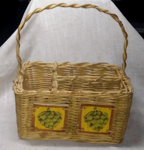 Vintage Wicker Basket 3 Compt Caddy Picnic Utensil Single Handle w/ Tile Decor Cover